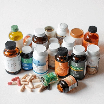 Assortment of supplement bottles and capsules on a clean white surface with soft lighting