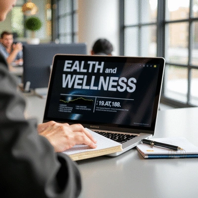 Person researching health and wellness trends on a laptop, with a notepad and pen, signifying learning and strategy